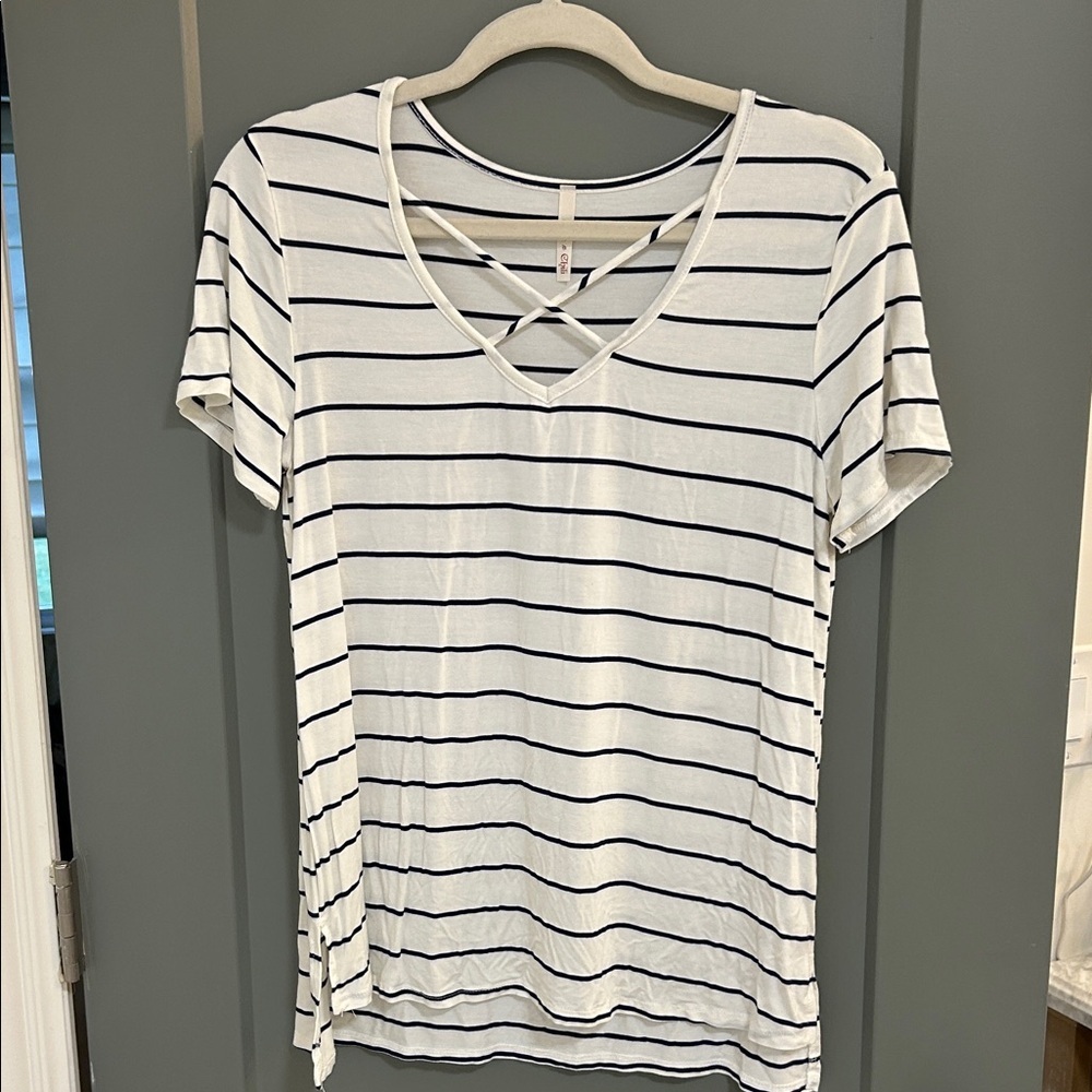 Lime n Chili Navy Striped V-Neck Women's Tee